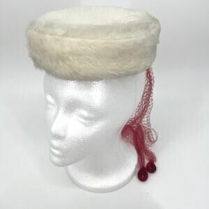 Vintage 60s Cream Faux Fur Pillbox Fascinator Ladies Hat with Net
